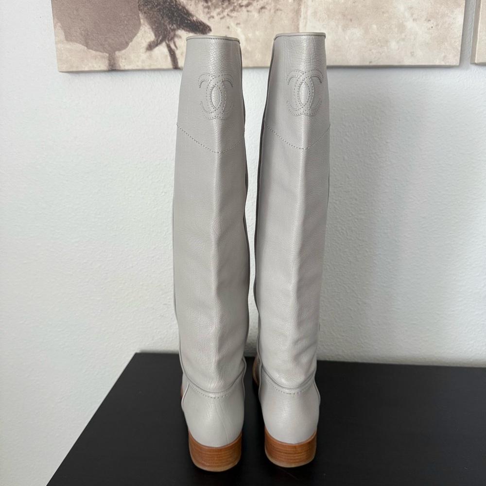 CHANEL Ascot Calfskin Leather Knee High CC Logo Riding Boots - Picture 3 of 15